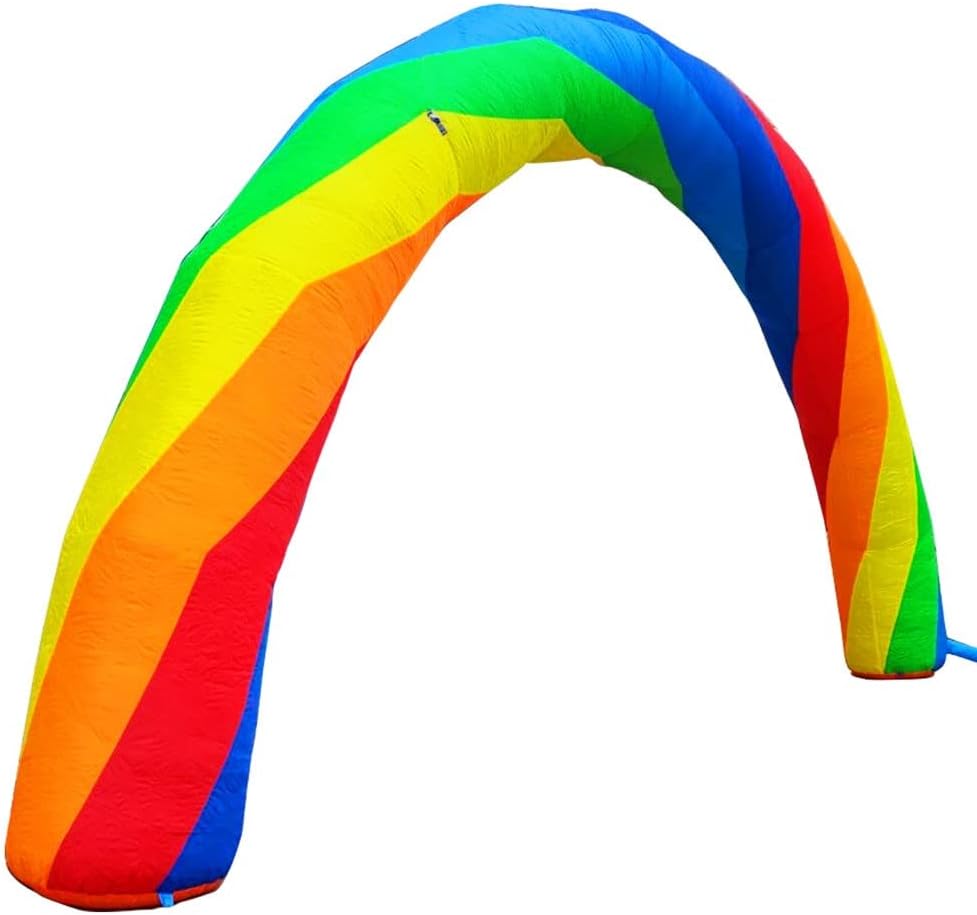 Rainbow-striped inflatable arch on a white background