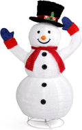 White pop-up snowman in a black top hat and red scarf with arms raised