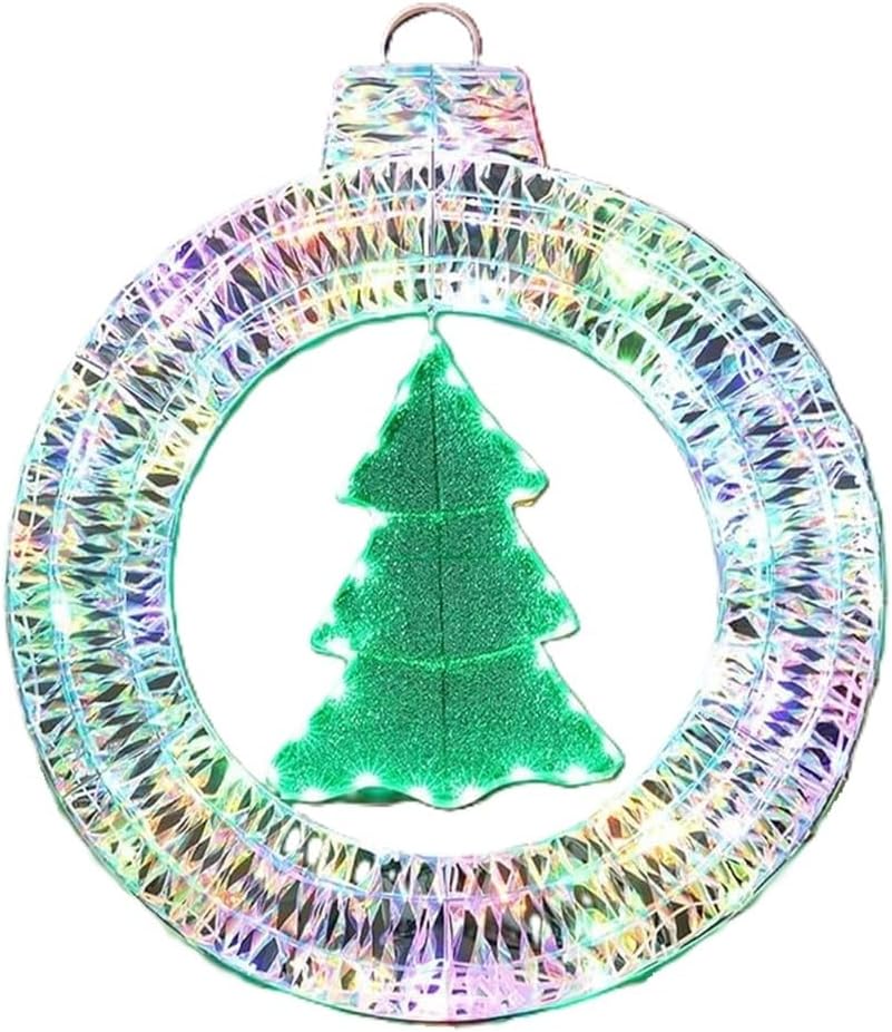 Round pre-lit wreath with a small green tree hanging in the center