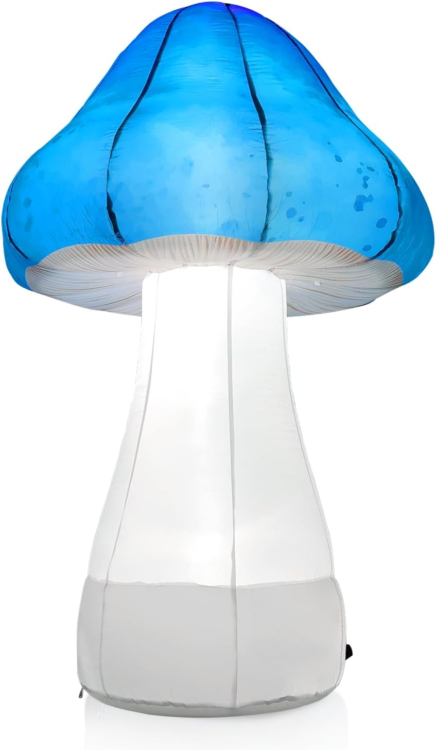 Inflatable mushroom with a blue cap and white stem on a white background