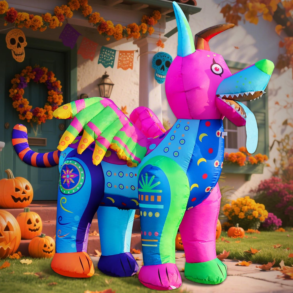 Inflatable alebrije creature covered in bright pink, blue and yellow folk-art patterns beside pumpkins
