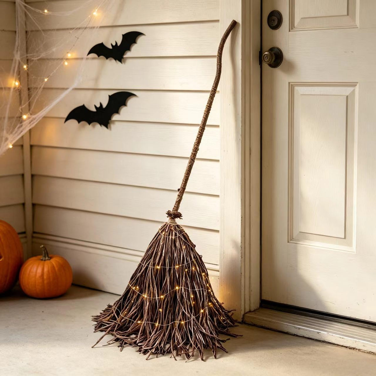 Rustic witch's broom leaning by a front door with paper bats on the wall