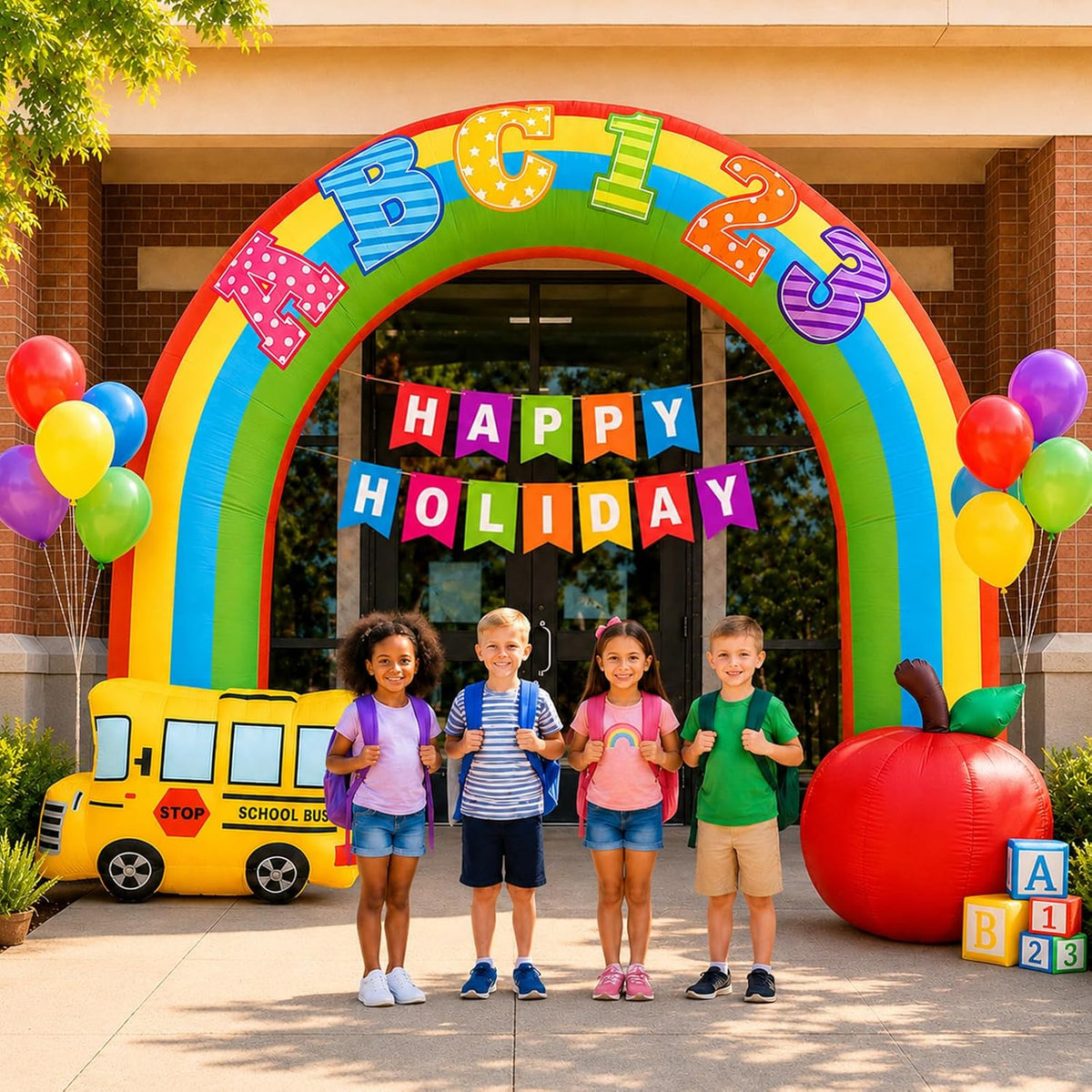 Inflatable rainbow crayon archway with a Happy Holiday banner, a yellow school bus and an apple, with children underneath