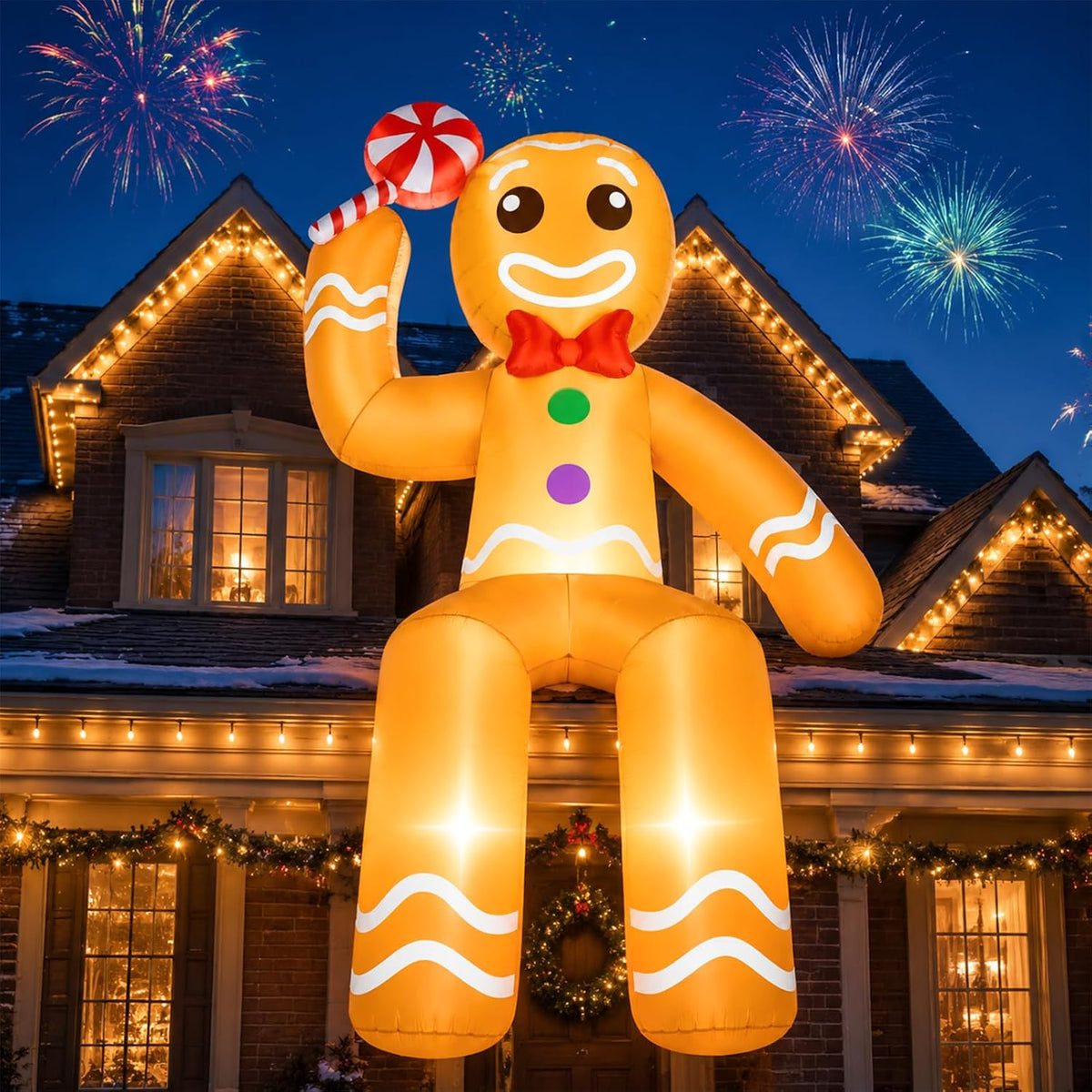 Inflatable gingerbread man with a red bow tie sitting on the edge of a lit-up house roof under fireworks