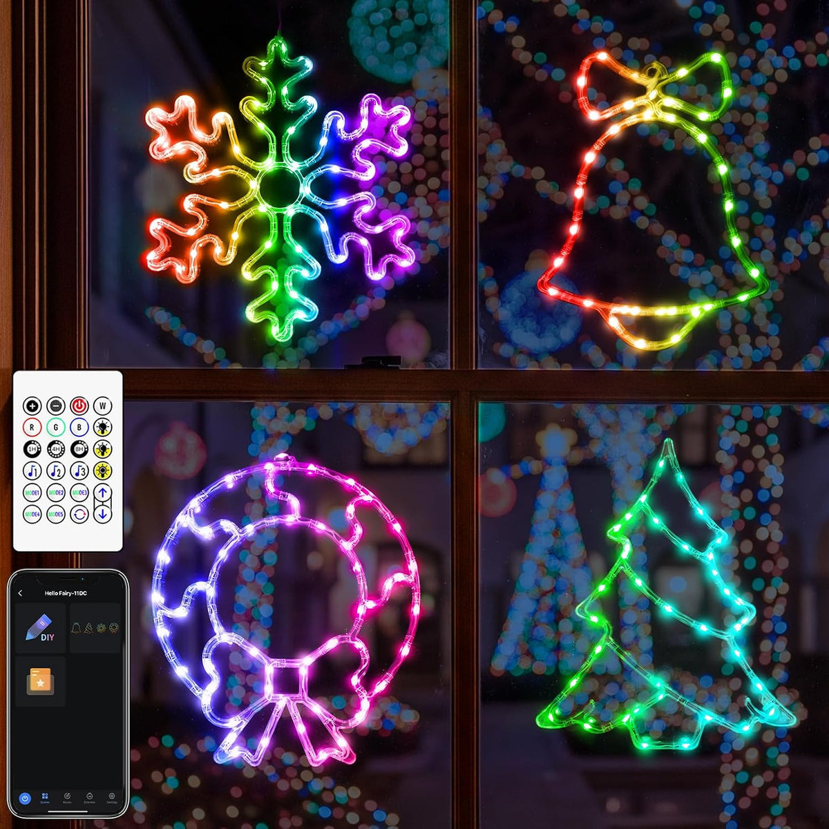 Four RGB window light shapes of a snowflake, bell, wreath and tree glowing in a window