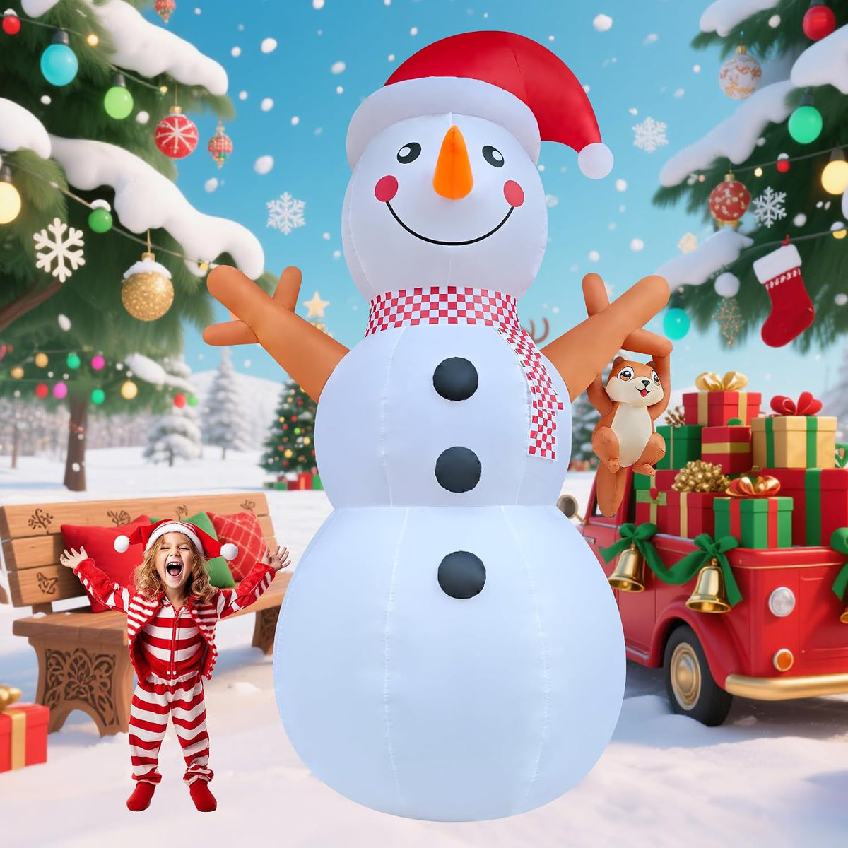 Giant inflatable snowman in a red hat and scarf in a snowy yard with gifts and a red truck