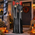 Animated grim reaper with a hooded skull and red eyes standing by a front door