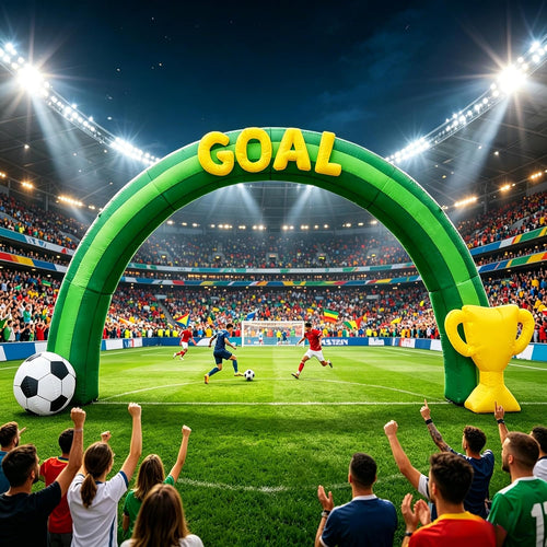 Green inflatable soccer archway with a GOAL banner, a ball and a gold trophy on a stadium field