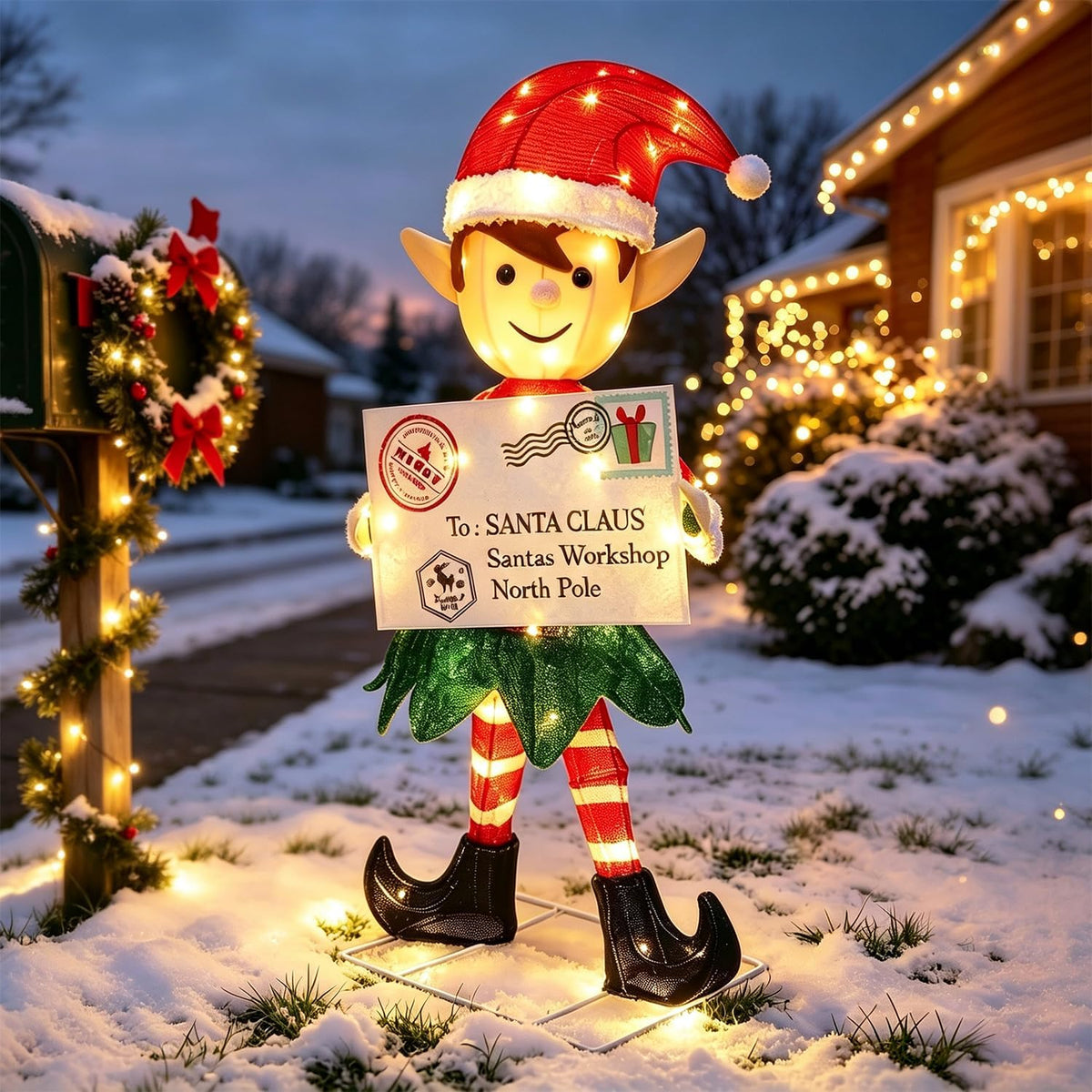 Pre-lit green tinsel elf in a Santa hat holding a sign on a snowy lawn