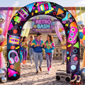 Inflatable neon 80s party arch with cassette and boombox prints and a RETRO BASH sign