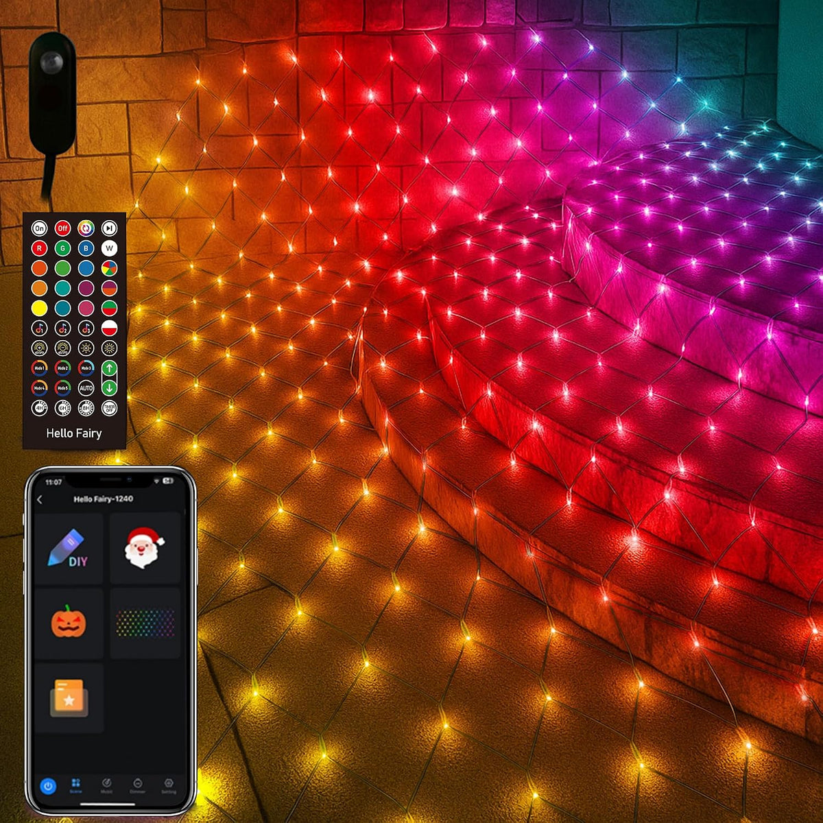Glowing multicolor net lights draped over bushes with a phone app and remote shown